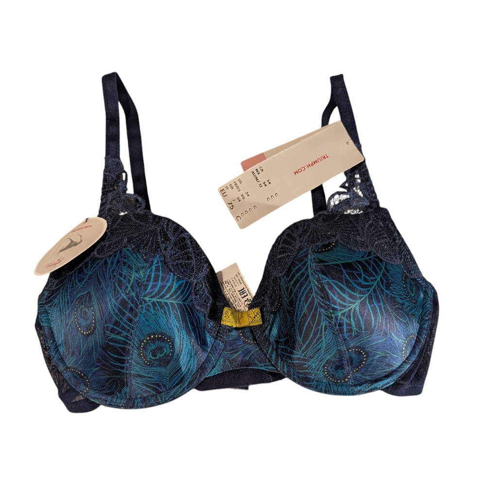 Triumph Women's Satin Peacock Blue‎ Lace Push Up Bra 34C NWT